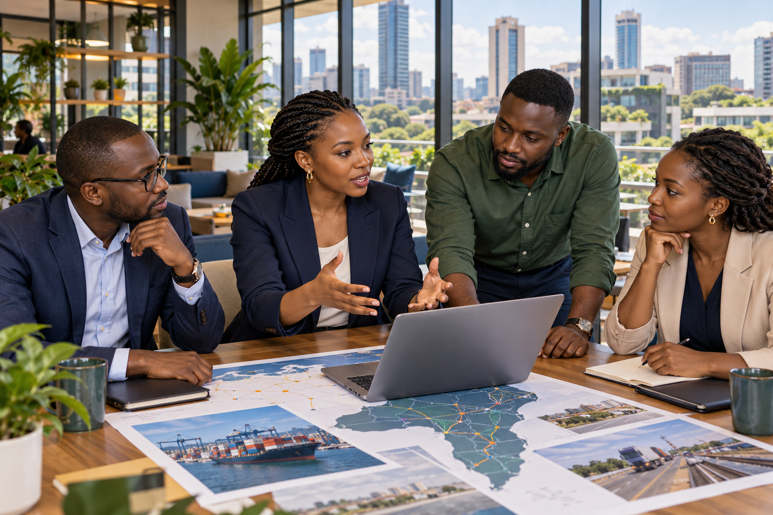 AI-generated concept of African entrepreneurs collaborating on technology and trade plans