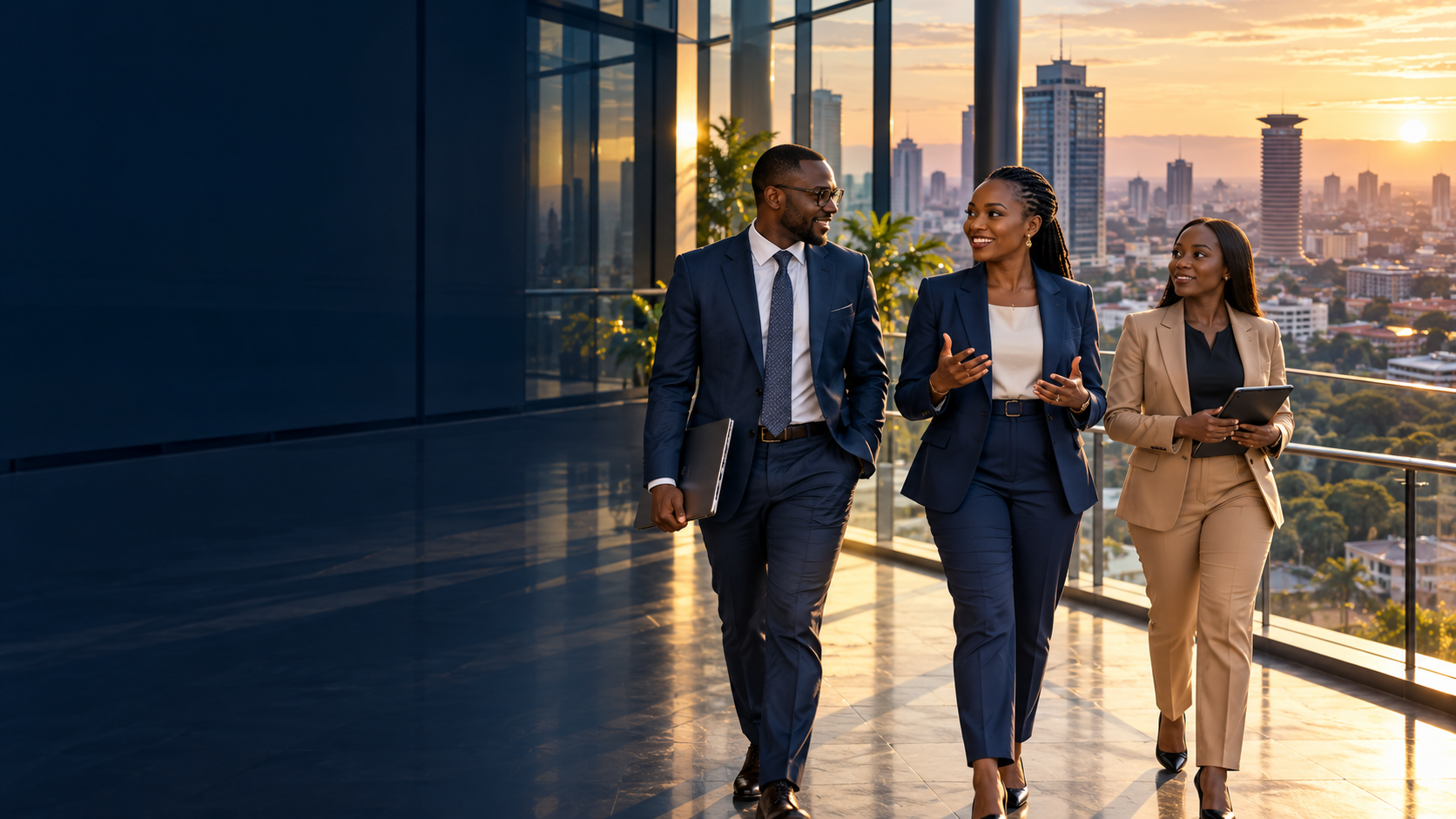 Concept illustration of African business leaders overlooking a Nairobi-inspired skyline